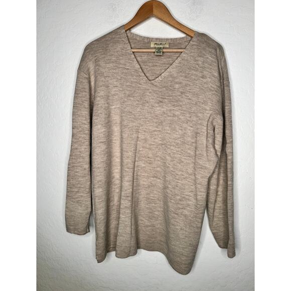 Eddie Bauer Womens Vintage V Neck 100% Merino Wool Tan Long Sleeve Sweater Tunic - Picture 1 of 4